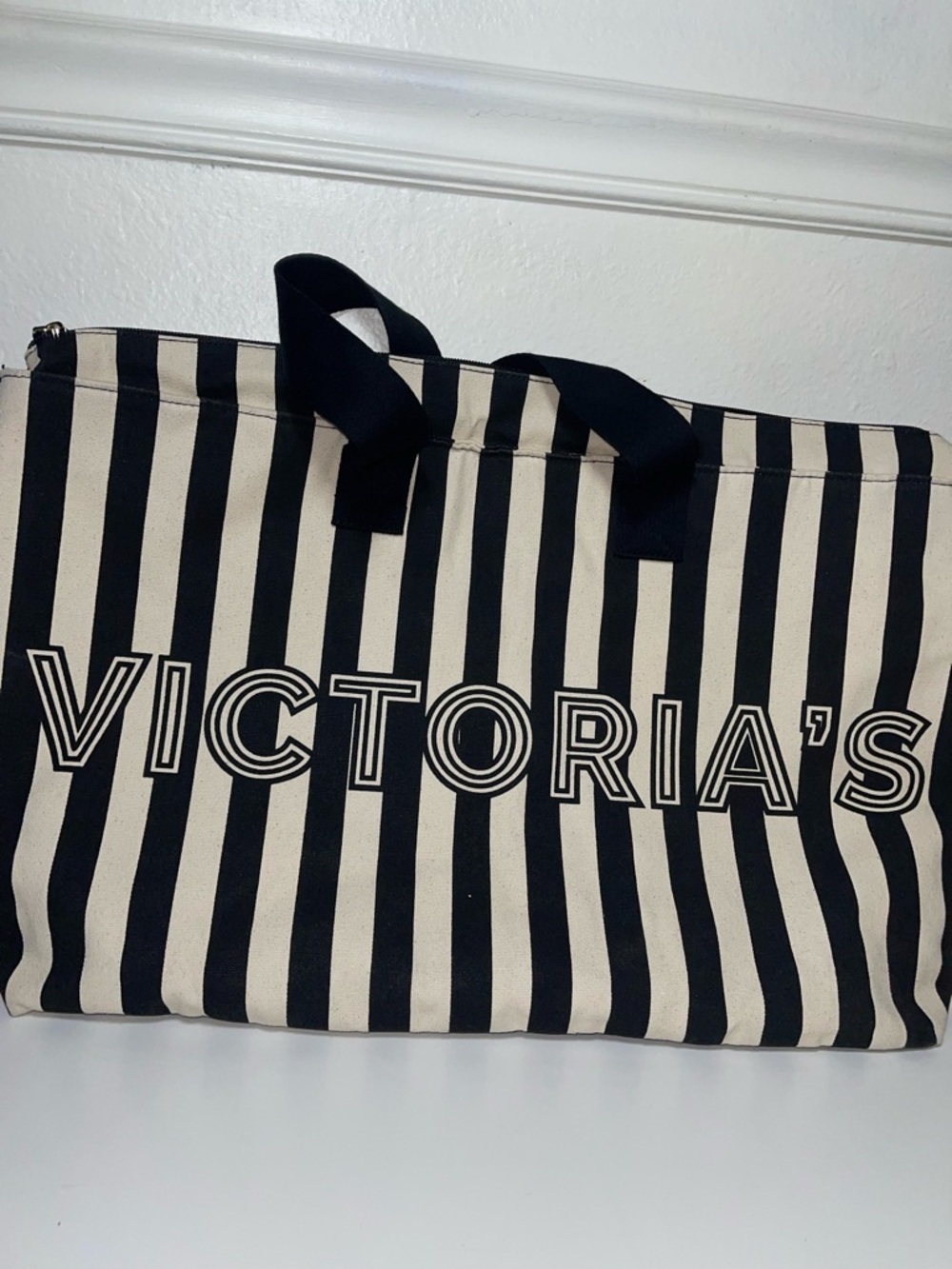 Victoria's Secret Black and Cream Striped Canvas Tote